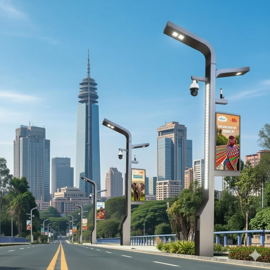 patmaina's tweet photo. @KeNHAKenya should declutter A109 & A8 roads that pass through Nairobi City by putting up such kind of street lighting. They should partner with @NRBIcitycounty to be the licensing arm to advertisers by collecting revenue and maintenance (cleaning & providing electricity) of the street lights. Ideally they should have a working formula of sharing revenue where KeNHA gets 25% of the cost while @NRBIcitycounty gets 75%. The same should be replicated across the urban centers to ensure there is order.