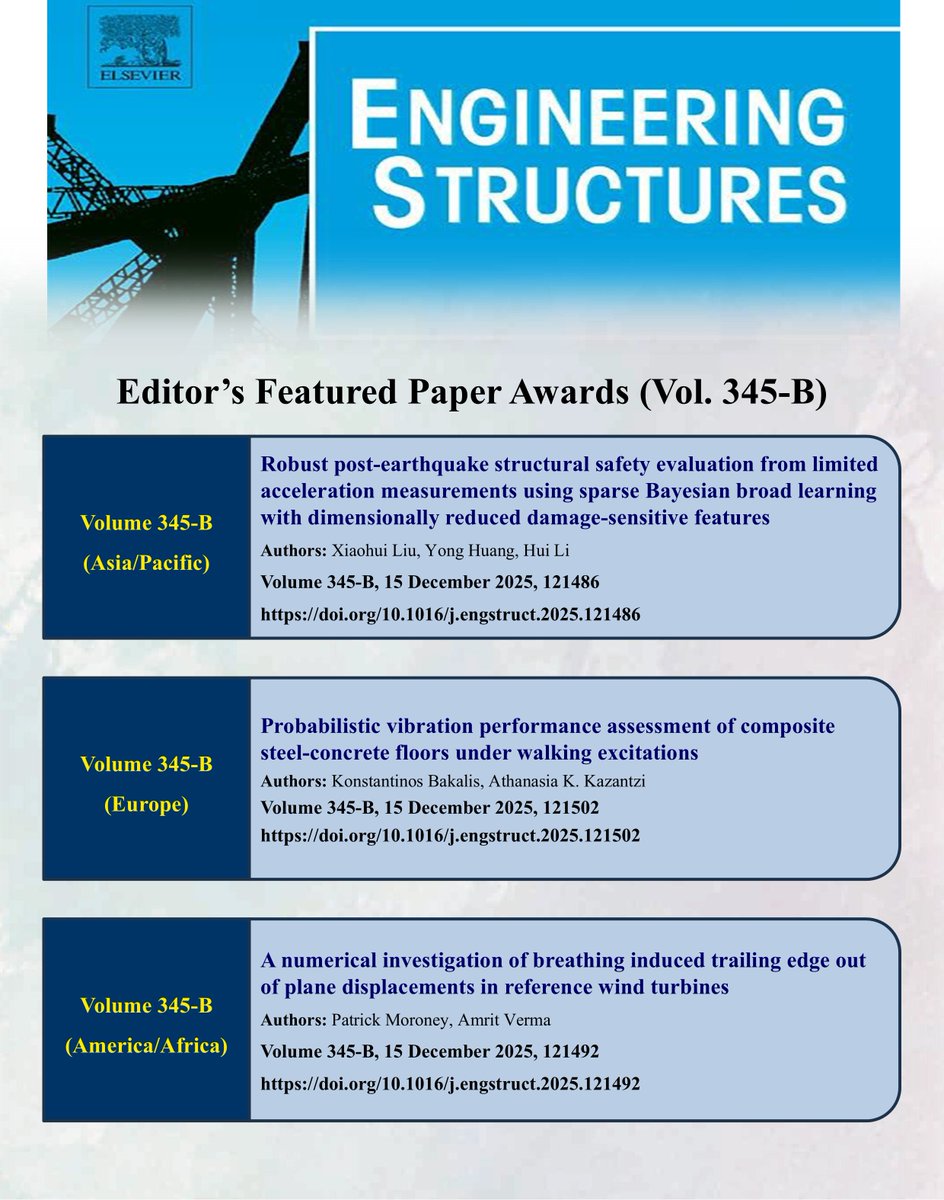 Eng_structures's tweet photo. It is with our greatest pleasure to announce that the following papers published in Engineering Structures in vols 342-345 are selected to be the "Editor's Featured Papers", based on the innovation, originality, research findings, and quality of writing.

#engineeringstructures https://t.co/KVAE8LqlxS