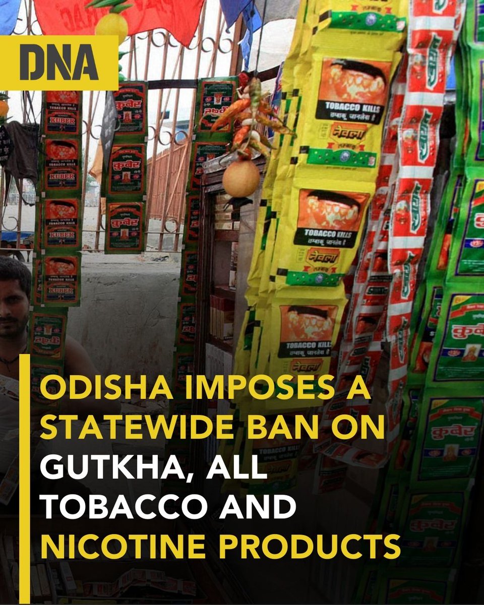 dna's tweet image. Odisha has officially banned the manufacturing, processing, packaging, storage, transportation, distribution, or sale of all food products containing tobacco or nicotine as ingredients in the state.

Read here: dnaindia.com/india/report-o…

#Odisha #Tabacco #Nicotine #Banned