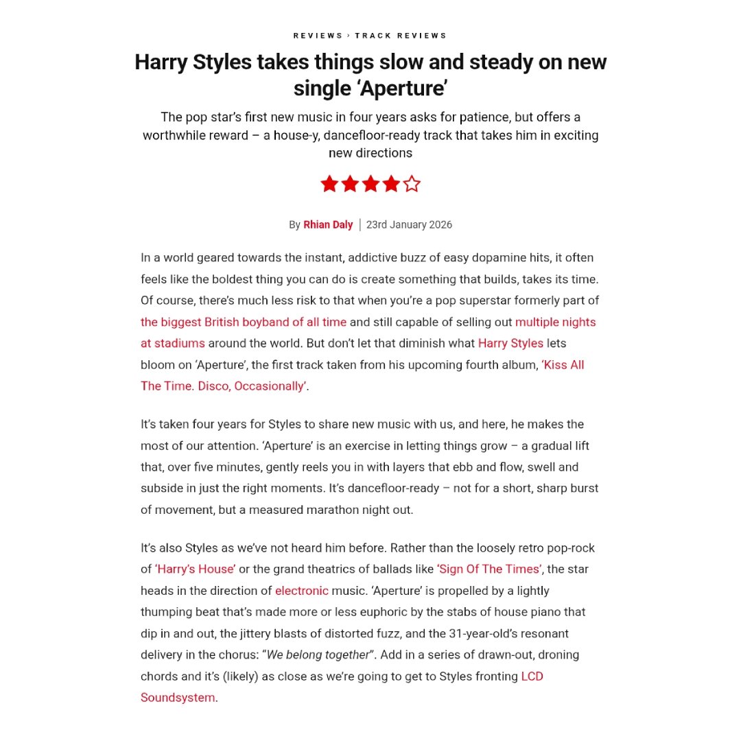 hstcharts's tweet image. .@NME gives a 80/100 to “Aperture”:

“Harry Styles takes things slow and steady on new single ‘Aperture’. The pop star’s first new music in four years asks for patience, but offers a worthwhile reward – a house-y, dancefloor-ready track that takes him in exciting new directions”.