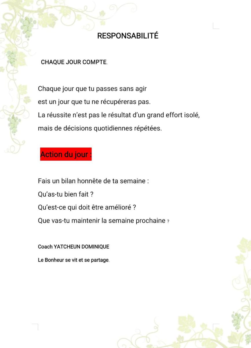 yatcheun's tweet photo. RESPONSABILITÉ

 CHAQUE JOUR COMPTE.

Chaque jour que tu passes sans agir
est un jour que tu ne récupéreras pas.
La réussite n’est pas le résultat d’un grand effort isolé,
mais de décisions Quotidiennes répétées. https://t.co/fe4DoKNsDj