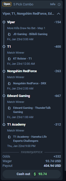 bearpropsdfs's tweet photo. Locked in this +332 parlay on @thunderpickco ⚡

Viper Map 1 More Kills DNB (JD Gaming vs Bilibili Gaming) 
T1 ML vs KT Rolster  
Nongshim RedForce ML vs DRX  
Edward Gaming ML vs ThunderTalk Gaming

You can take the Viper prop alone at 2U as well

Heavy favorites in LCK + LPL action tomorrow🎮

$93 → $405 payout if it hits. Who's tailing this one?  

#LoLBetting #EsportsBetting #Parlay #GamblingX