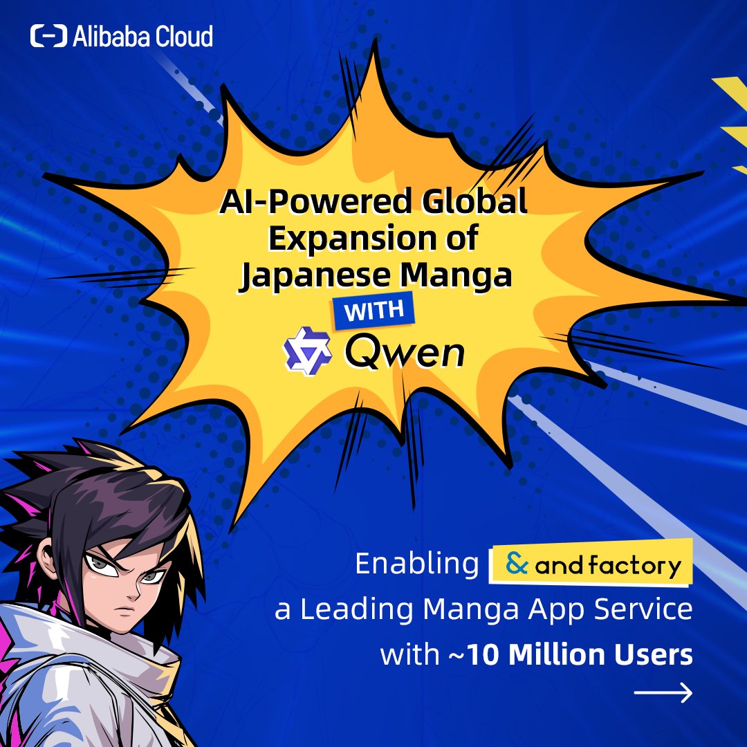 alibaba_cloud's tweet image. How do you make Japanese manga more accessible worldwide—without overburdening creators or inflating costs?

and factory, inc now works with Alibaba Cloud to build a scalable, AI-assisted workflow using Qwen.

What changed?
✅ Production time in specific stages reduced from 3…
