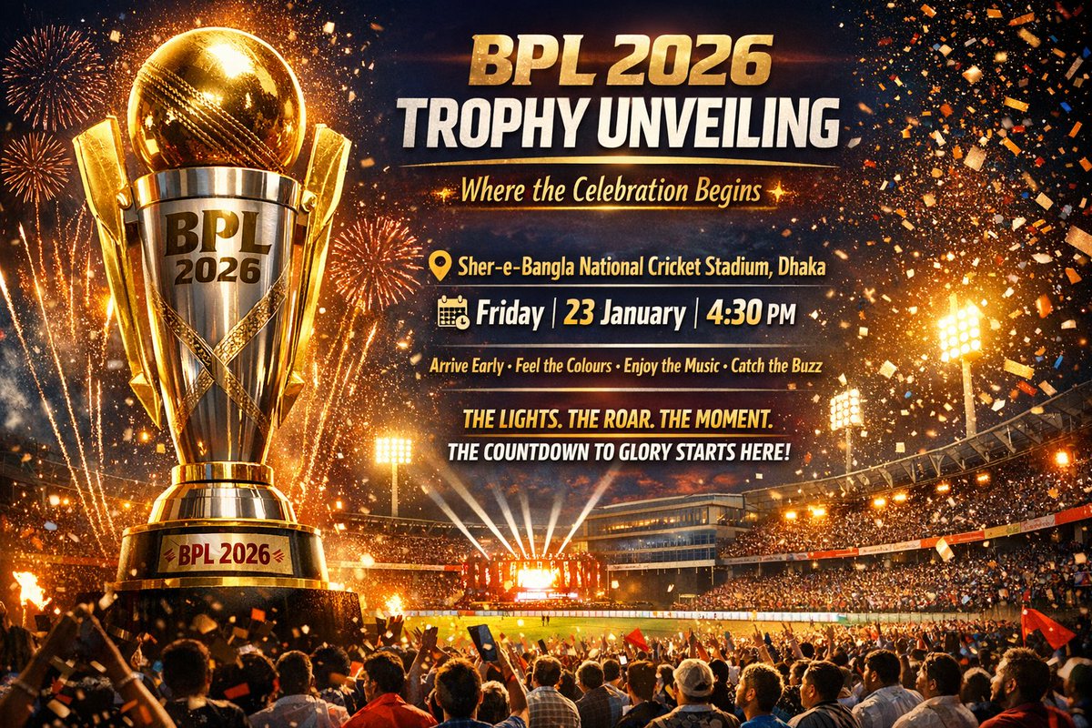 nooraahmed25777's tweet image. ✨ The BPL 2026 Trophy is ready to shine! ✨
Cricket fans of all ages—get set for an unforgettable evening of passion, pride, and pure cricket magic this Friday, 23 January at the iconic Sher-e-Bangla National Cricket Stadium. 🏟️
#BPL2026 #CricketFever #TrophyTime 🏏✨