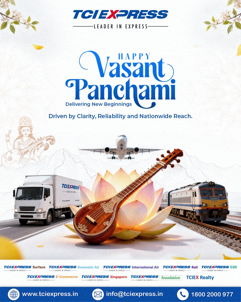 TCIExpressLtd's tweet image. On the occasion of Vasant Panchami, @TCIExpressLtd extends warm wishes for a season marked by growth and positive beginnings. We continue to support businesses with reliable express solutions and nationwide connectivity.

#VasantPanchami #TCIExpress #LeaderInExpress