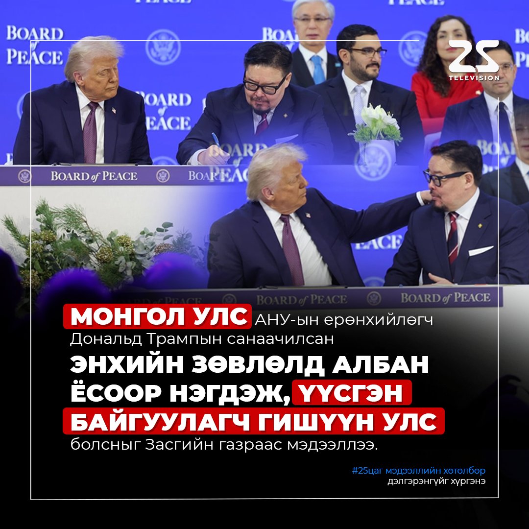 25TVmn's tweet photo. 🔴Монгол Улс АНУ-ын ерөнхийлөгч Дональд Трампын санаачилсан Энхийн зөвлөлд албан ёсоор нэгдэж, үүсгэн байгуулагч гишүүн улс болсныг Засгийн газраас мэдээллээ
#25дугаарсувагтeлeвиз #25цагмэдээллийнхөтөлбөр https://t.co/vte1cztUfT
