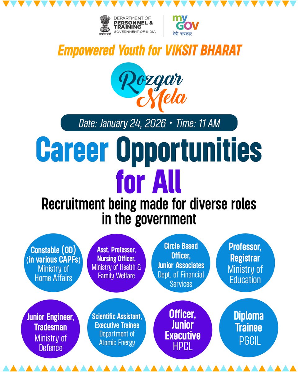 mygovindia's tweet photo. Career opportunities for all take center stage at Rozgar Mela
Recruitment across diverse government roles reflects a strong focus on inclusivity, skill, and merit
#RozgarMela
#ViksitBharat https://t.co/QQO8RVTN2U
