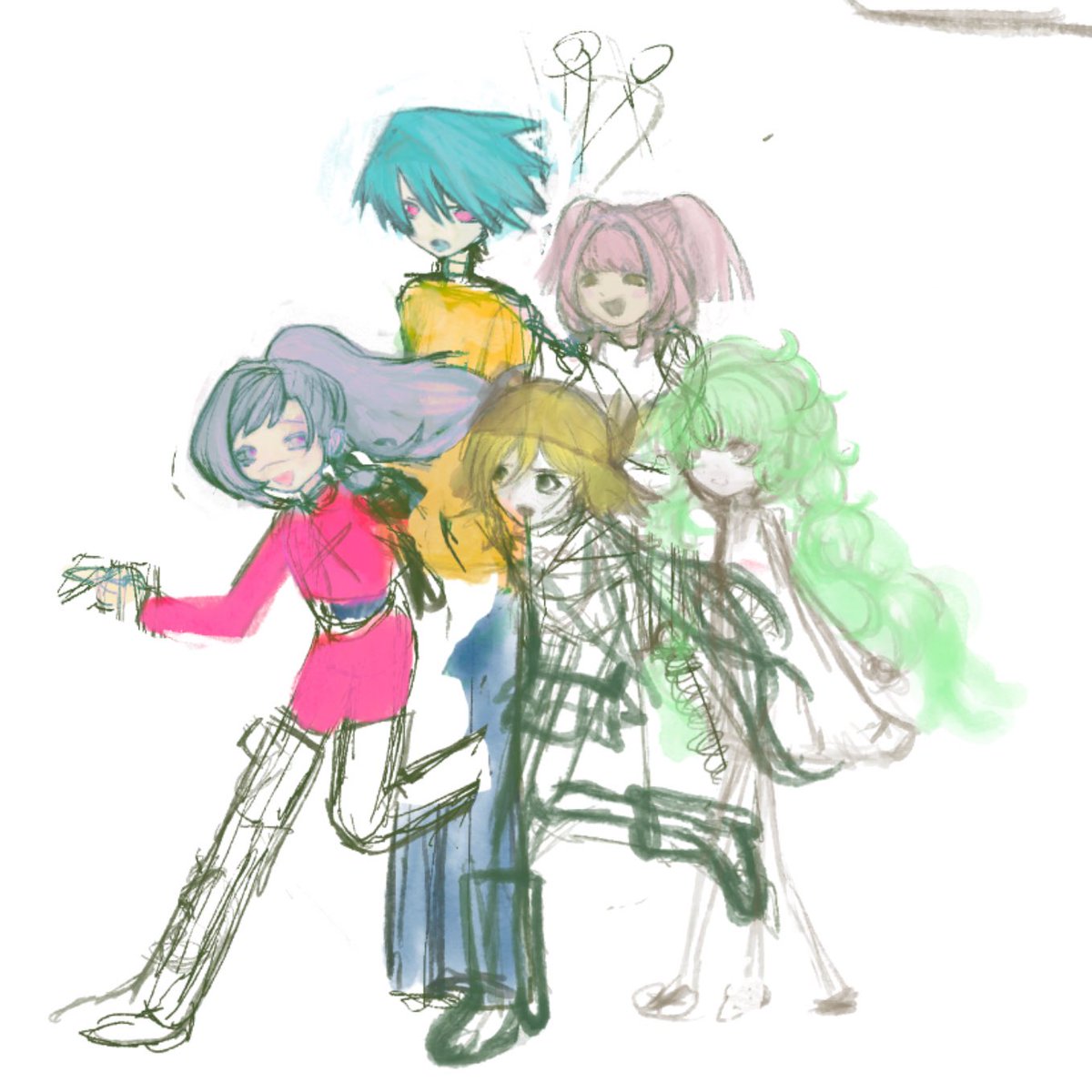 DaioReiji's tweet photo. キャラクターの掛け合いが描きたいんだけど、キャラデザがパッとしなくて困ってる。赤と緑はほぼ確（手と杖を別のレイヤーに書いてたらしい、消滅🪦） https://t.co/GdBM0W1M7l