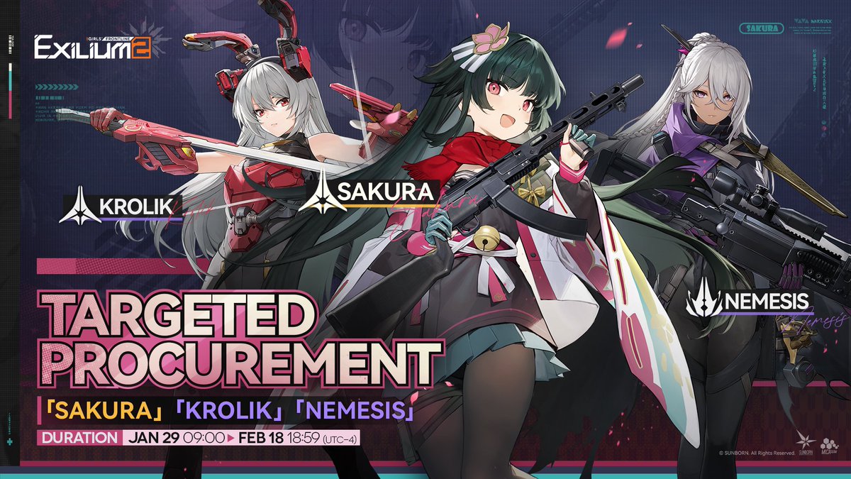GFL2EXILIUM_EN's tweet image. Targeted Procurement Event | Sakura

Rate Up Event for Sakura, Krolik, Nemesis will be open for a limited time.

[Duration] 
Jan 29, 09:00 - Feb 18, 18:59 (UTC-4)

&amp;gt;&amp;gt; Download on mobile and PC: sunborn.onelink.me/fxKG/prall
#GirlsFrontline2Exilium #gfl2exilium