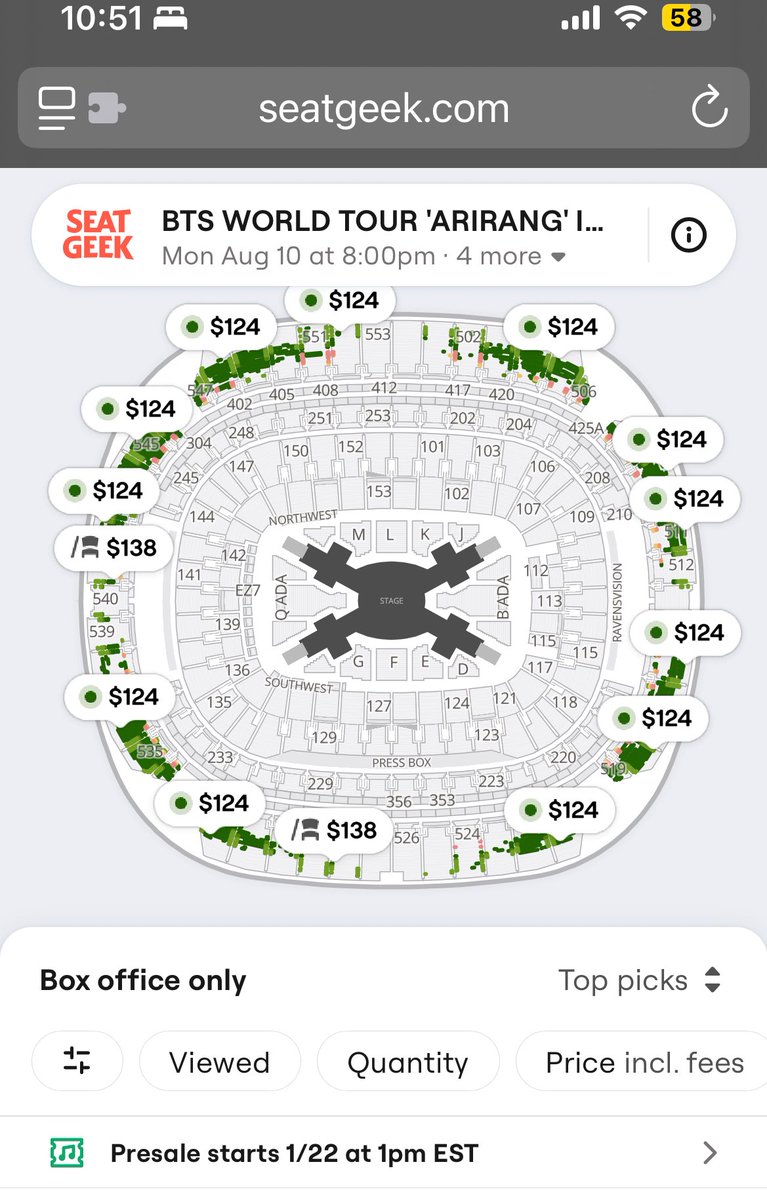 2seokoobisbride's tweet image. as of 4 minutes ago (10:51pm EST) this is what Baltimore days 1-2 is looking like!! GET YALL TICKETS at general sale folks!! #BTS_WORLDTOUR #BTS_ARIRANG #BTS_WORLDTOUR_METLIFE #BTS_WORLDTOUR_FOXBOROUGH #BTS_WORLDTOUR_BALTIMORE #BTS