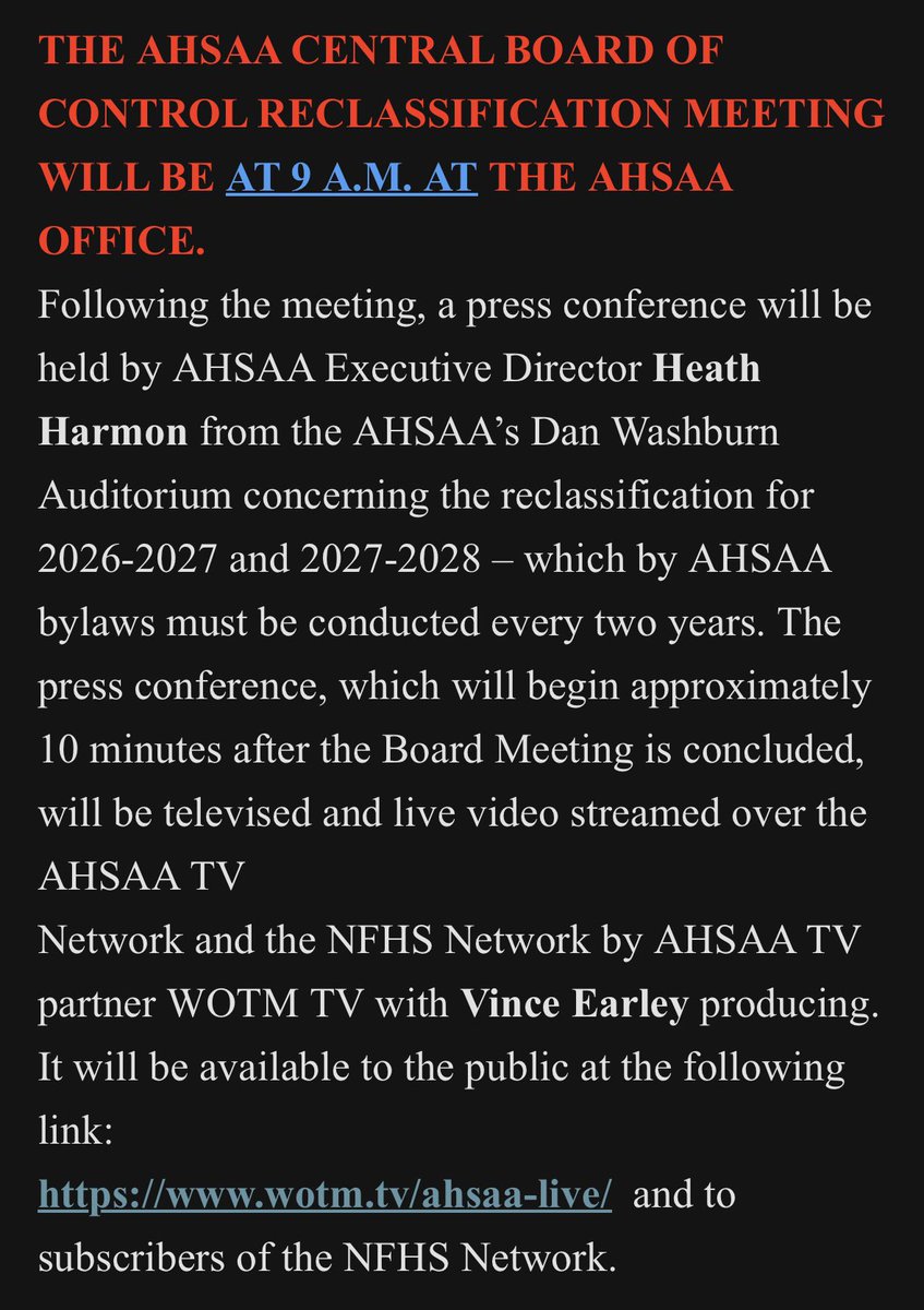 _ThomasAshworth's tweet image. Announcement from the AHSAA: