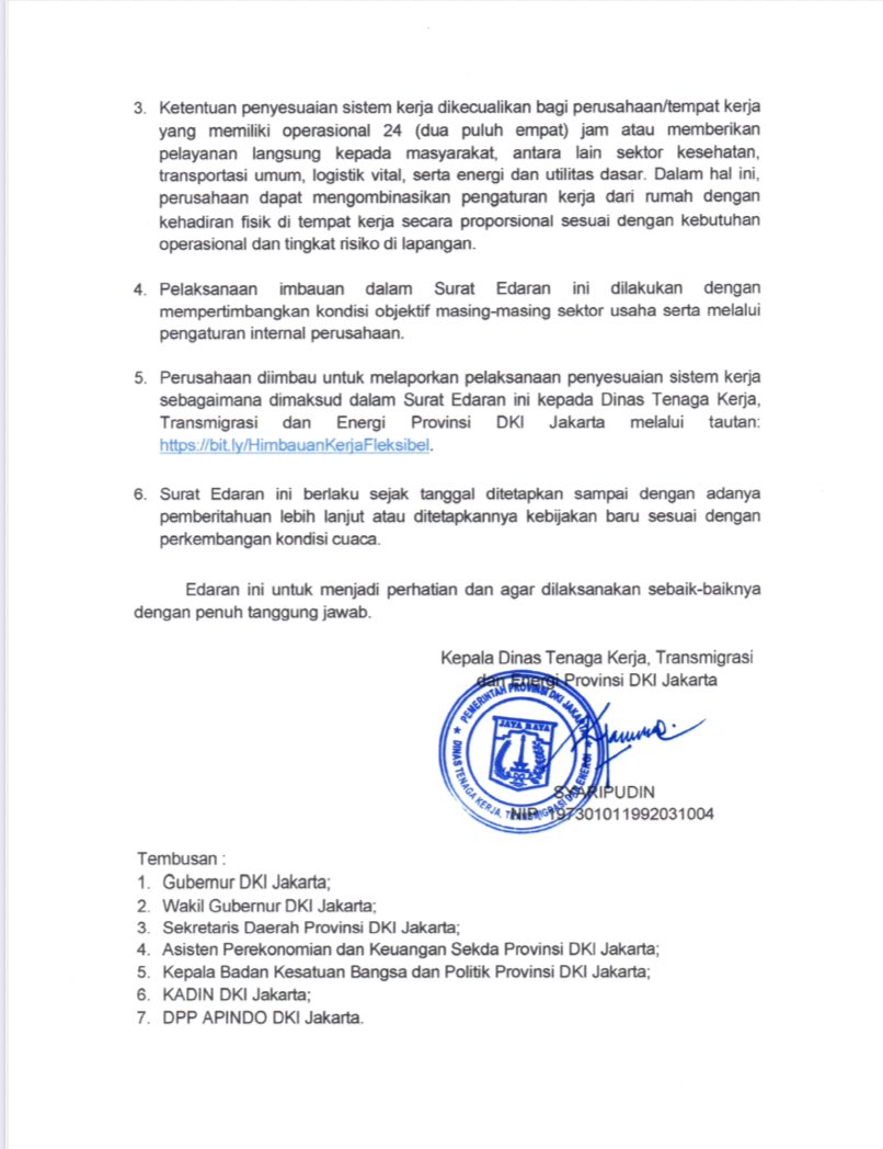 hrdbacot's tweet image. Surat edaran dari DINAS TENAGA KERJA, TRANSMIGRASI DAN ENERGI
PROVINSI DKI JAKARTA mengenai himbauan WFH terkait kondisi cuaca