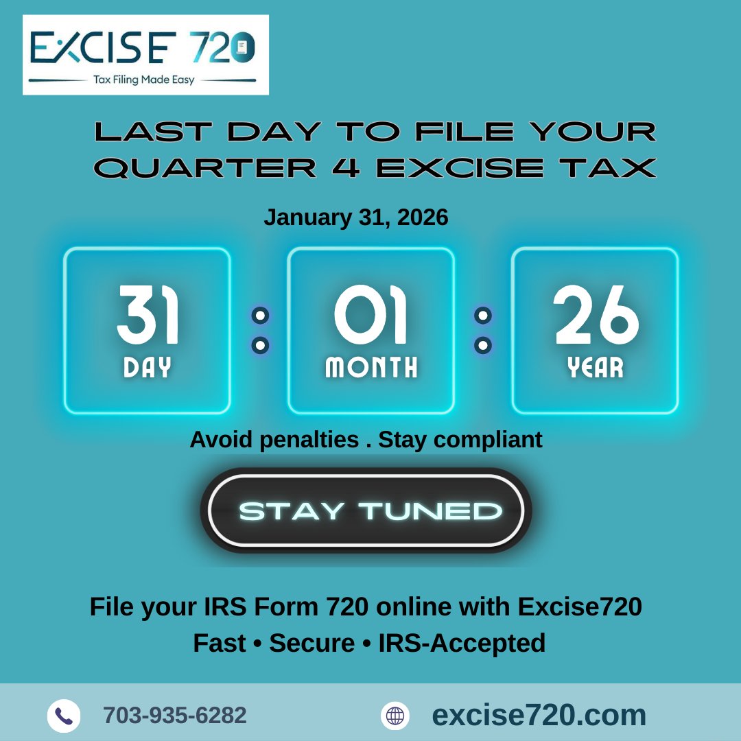 excise720's tweet image. Last Day to File Your Quarter 4 Excise Tax
January 31, 2026 is the final deadline to submit your IRS Form 720. Missing it can lead to penalties and compliance issues.
 excise720.com
#Excise720 #Quarter4Filing #Form720 #ExciseTax #TaxDeadline #January31 #IRSCompliance