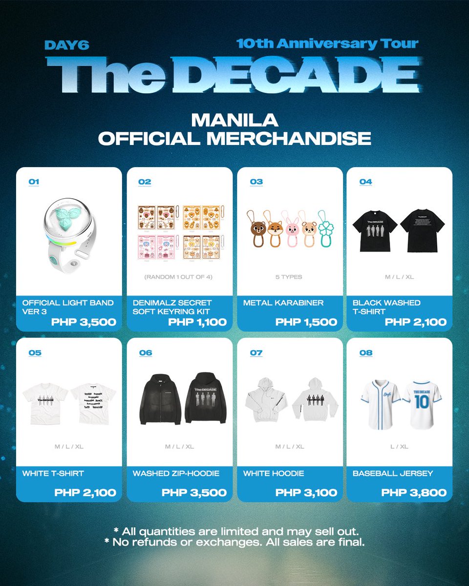 livenationph's tweet image. Merch alert! 👕
Grab your DAY6 10th Anniversary Tour &amp;lt;The DECADE&amp;gt; merch in MANILA! 

📍 Coral Way corner Pacific Drive (outside)
⏰ 12:00PM to 2:00PM (Exclusive to VIP Ticketholders)

📍 Coral Way Main Lobby
⏰ 2:00PM to 3:30PM (Exclusive to VIP Ticketholders)
⏰ 4:00PM (Open to…
