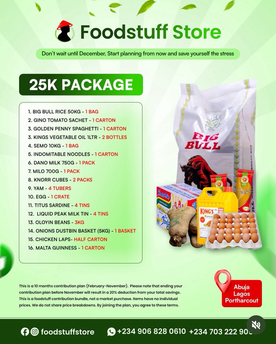 FoodstuffStore's tweet photo. Don’t wait until December to plan for foodstuff!

Save N50k, N25k, or N5k monthly (Feb–Nov) and get food items worth your savings in December 2026.

📍 Lagos, PH, Abuja only.
⏳ Registration closes soon.
📋 Fill the form in our bio to get started.
WhatsApp or Call 09068280610

#foodstuffcontributionplan2026
