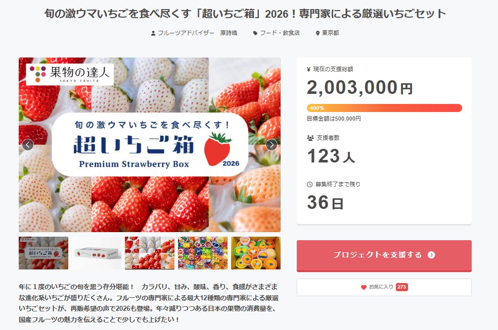 🎉「超いちご箱」200万円達成🍓
旬の激ウマいちごを食べ尽くす「超いちご箱」2026！専門家による厳選いちごセット - クラウドファンディングCAMPFIRE camp-fire.jp/projects/91314… #クラウドファンディングCAMPFIRE <a href="/shiori_fruit/">原詩織＠大田市場🍓フルーツアドバイザー</a>より