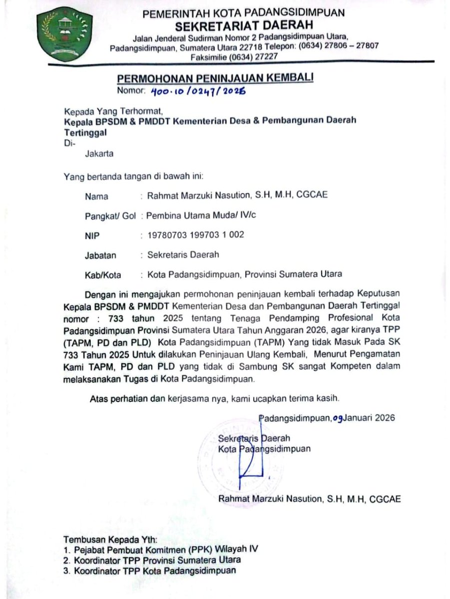 Mohon Evaluasi dan Peninjauan Kembali 
#1150TPPdiSumutdiPHKMassal
#KeberatanSK733BPSDM
#TPPProvinsiSumut
<a href="/prabo/">PRABO</a> diwo <a href="/YandriSusanto/">Yandri Susanto</a> <a href="/ArizaPatria/">Ariza Patria</a> <a href="/KerjaSeskabRI/">Letkol Teddy Indra Wijaya</a>
<a href="/sugiono_56/">Sugiono</a> <a href="/bang_dasco/">Prof. H. Sufmi Dasco Ahmad</a>