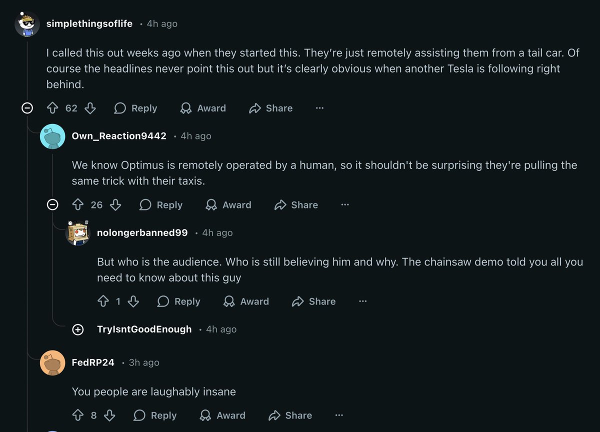 Congrats on the first public unsupervised Robotaxi rides <a href="/Tesla/">Tesla</a> , <a href="/Tesla_AI/">Tesla AI</a> 

Here is Reddits take on this amazing breakthrough 
(That last comment  😂)
