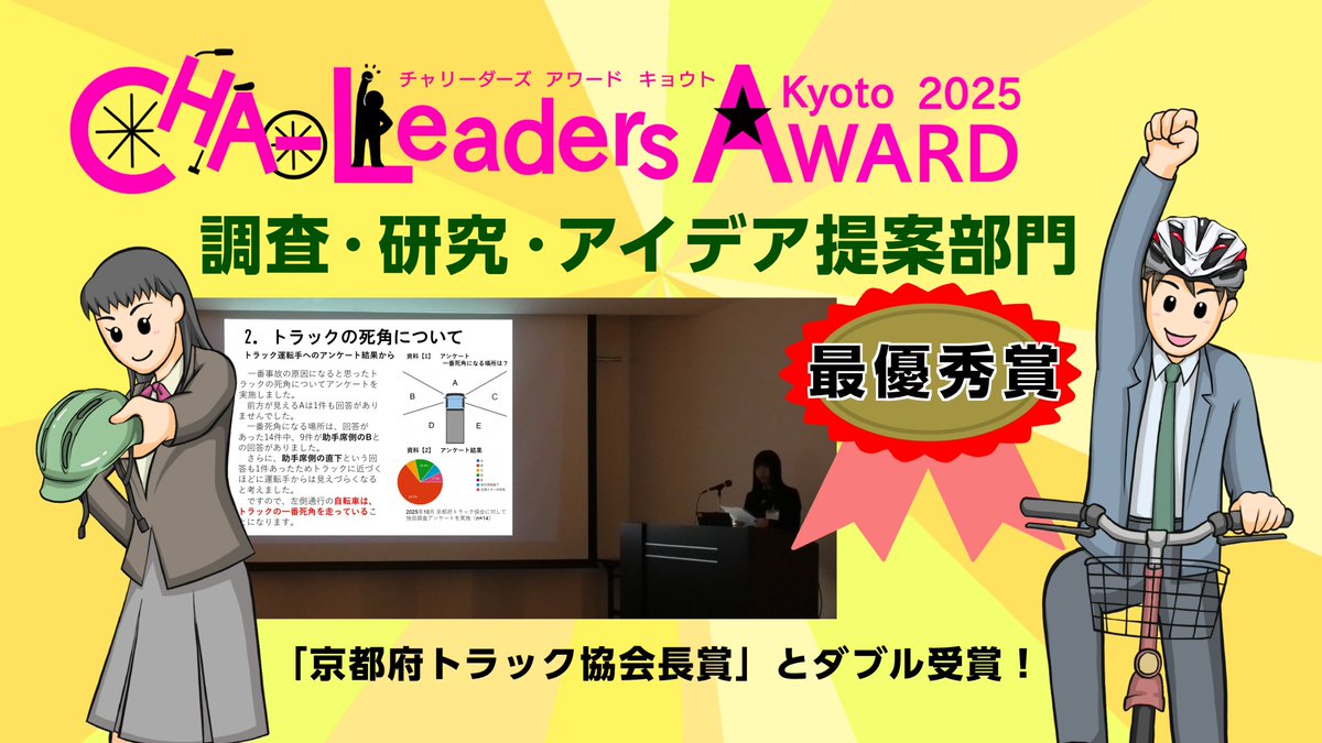 #チャリーダーズアワードキョウト２０２５　調査・研究・アイデア提案部門最優秀賞＆京都府トラック協会長賞ダブル受賞　＃京都産業大学附属高等学校　【大道　穂夏さん】の取組が　＃京都府警察　公式YouTubeで公開中！
youtu.be/3ZEEKQOyaiY?si…