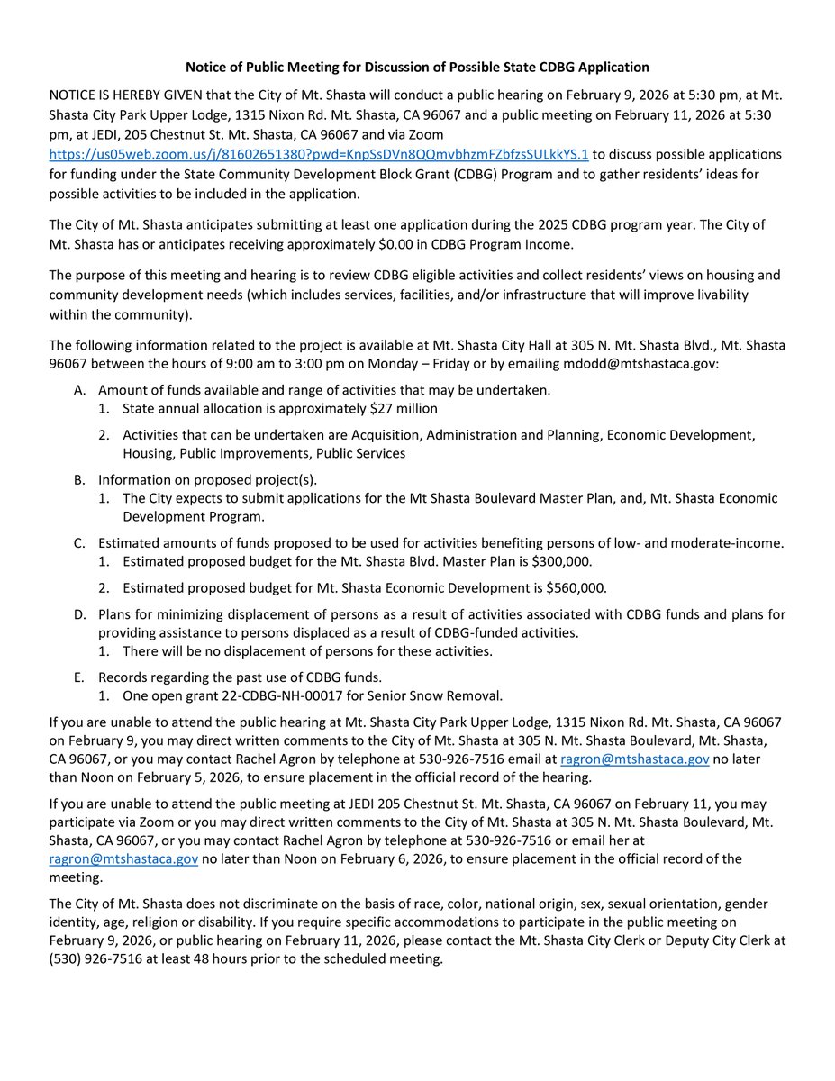 GNServ's tweet photo. NOTICE OF PUBLIC MEETING on behalf of the City of Mt. Shasta: Monday, February 9th, 5:30 pm, Mt. Shasta City Park Upper Lodge, 1315 Nixon Rd. and via Zoom: https://t.co/LbghmJlLyM #CDBG #CommunityDevelopment #MtShasta https://t.co/W5taulMgzE