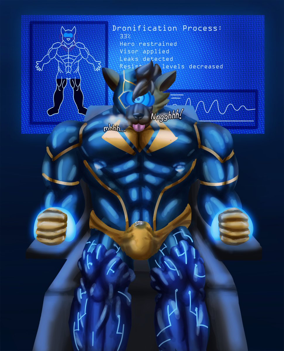 processing...1/2
A hero bound to a chair while the goo spread over his body, while a visor brainwashing him, preparing to fulfill his new role