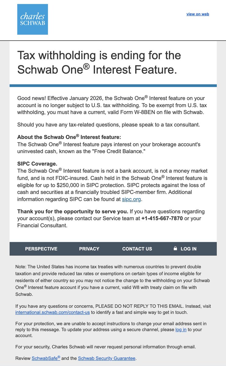 昨天收到嘉信邮件，很多人看不懂我打了个电话搞明白了先说重点：嘉信有中文客服，电话400-120-6217 这封邮件说的是啥？ Schwab  One®账户的利息，嘉信会给你的账户余额支付利息，而这部分利息，美国国税局将不会收税