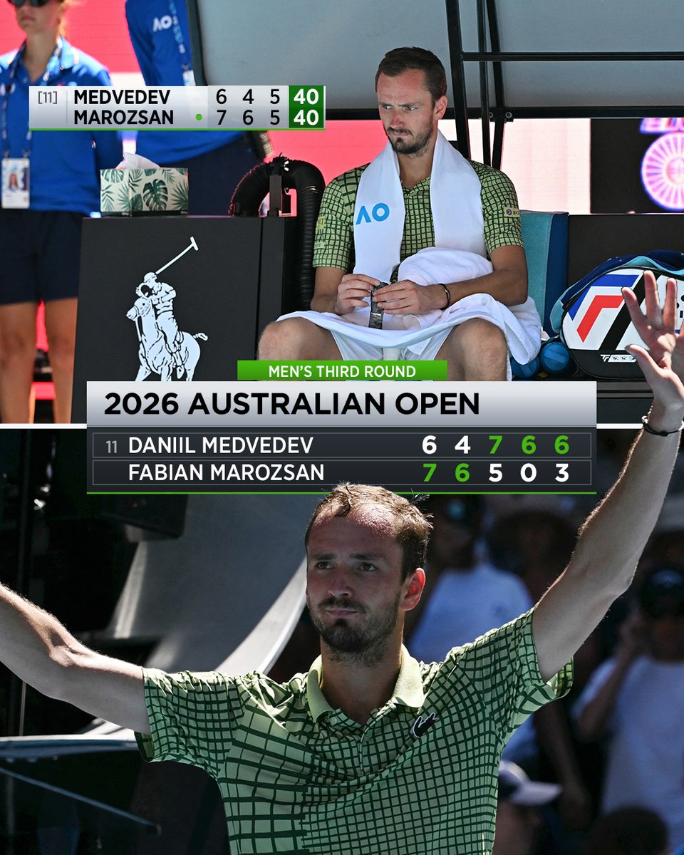 THE MEDDY SHOW LIVES ON 🕺💯

Daniil Medvedev roars back from two sets to love down to remain undefeated this season! 

#A026