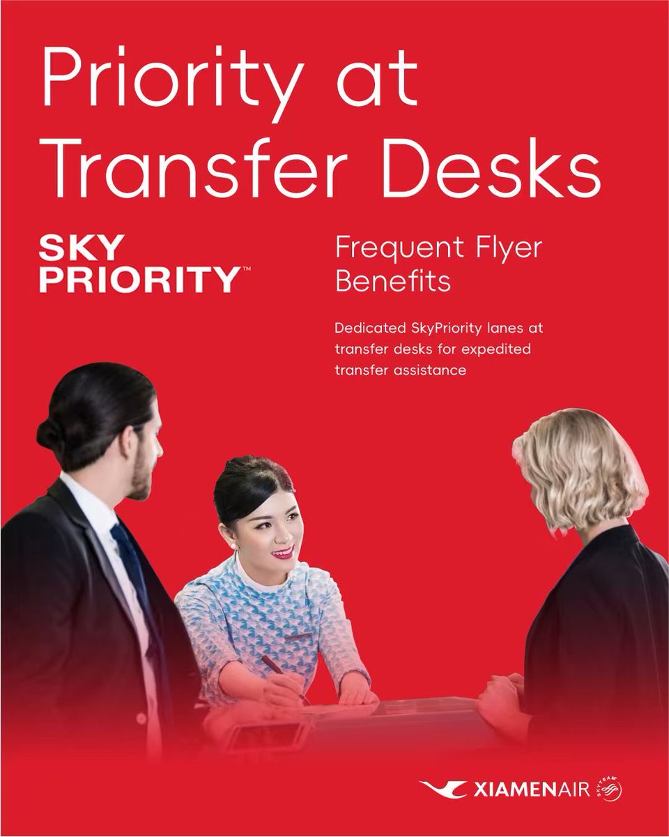 XiamenAirlines's tweet photo. Transfers don't have to mean the "mid-connection scramble." SkyTeam's dedicated Priority lanes at transfer desks are your express pass to assistance. Less line, more time to breathe. #SkyPriority https://t.co/7xkJgsHj5b