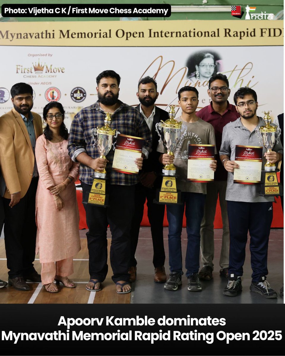 ChessbaseIndia's tweet image. Apoorv Kamble dominates Mynavathi Memorial Rapid Rating Open 2025

Top 3
🥇IM Apoorv Kamble 8.5/9
🥈IM Chakravarthi Reddy M 8/9
🥉IM Kushagra Mohan 7.5/9

📷Vijetha C K / First Move Chess Academy

#Chess #ChessBaseIndia #Mysore #Karnataka #India