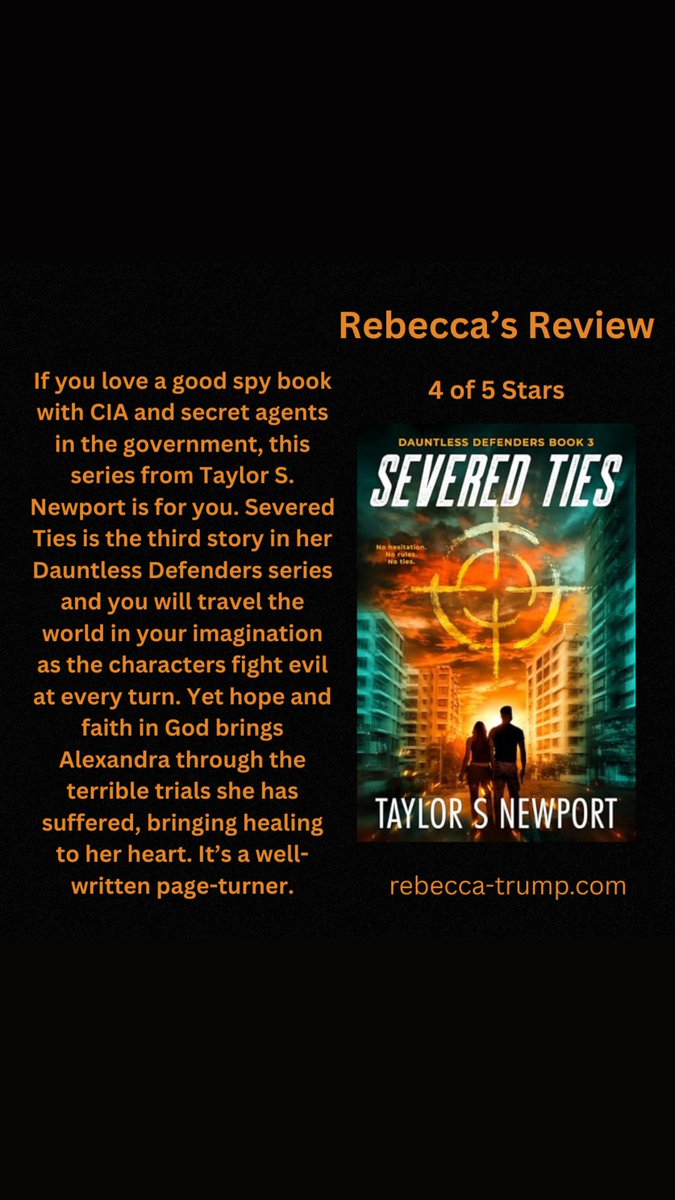 BeckyTrump's tweet photo. I was honored to be on the launch team for this action-packed suspense from @TaylorSNewport 🤩 Available in paperback now!!
#severedties
#dauntlessdefendersseries
#christianfiction
#suspensemystery
#actionpackedread https://t.co/NFNNs2rUk7
