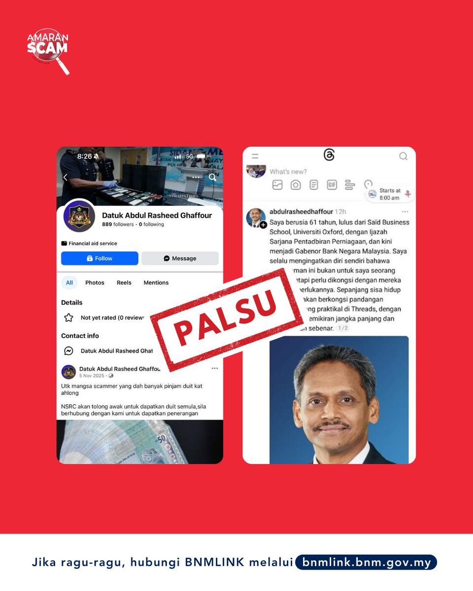 BNM_official's tweet photo. Jangan mudah terpedaya dengan pihak yang menyamar sebagai Gabenor BNM melalui akaun media sosial palsu.

BNM TIDAK berkomunikasi atau meminta maklumat peribadi melalui media sosial.

Jika ragu-ragu, sila hubungi BNMLINK melalui https://t.co/RaUmCWM6Nl
__

Do not be fooled by scammers impersonating the Governor of BNM through fake social media accounts.

BNM DOES NOT communicate or request personal information through social media.

If in doubt, please contact BNMLINK via https://t.co/RaUmCWM6Nl

#BNMAmaranScam #JanganKenaScam #ScamAlert #SoalSekatSebar #AndaLebihBijak