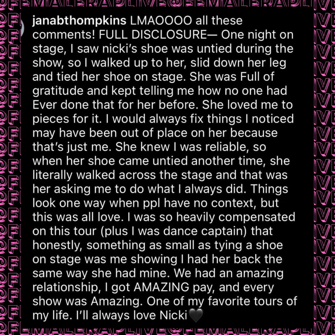 🚨 | Nicki Minaj's former dance captain, Jana Thompkins, recalls touring with the superstar:

"I was so heavily compensated. We had an amazing relationship. I'll always [love] her!" 👀