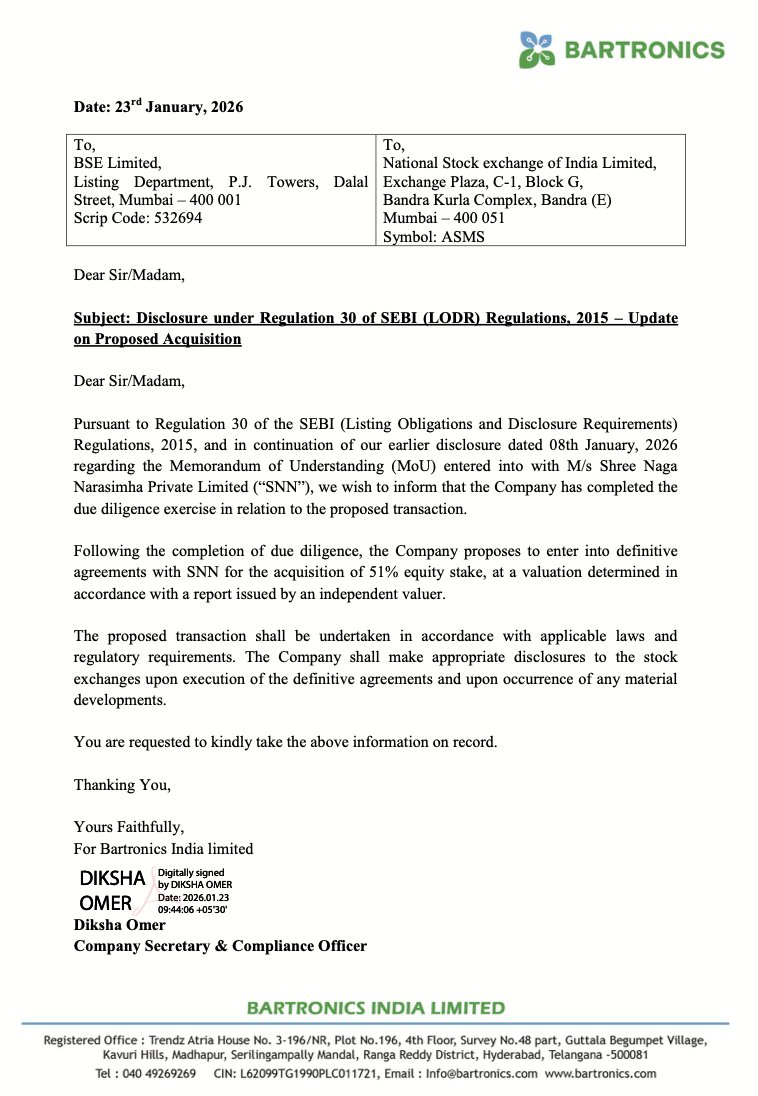LnprCapital's tweet photo. Bartronics India Limited completes due diligence for the acquisition of a 51% stake in Shree Naga Narasimha Private Limited. The company will now proceed with definitive agreements based on independent valuation.
#Bartronics #SNN #MandaA #CorporateIndia #BSE #NSE #StockMarketIndia #Acquisition #DueDiligence #BusinessNews