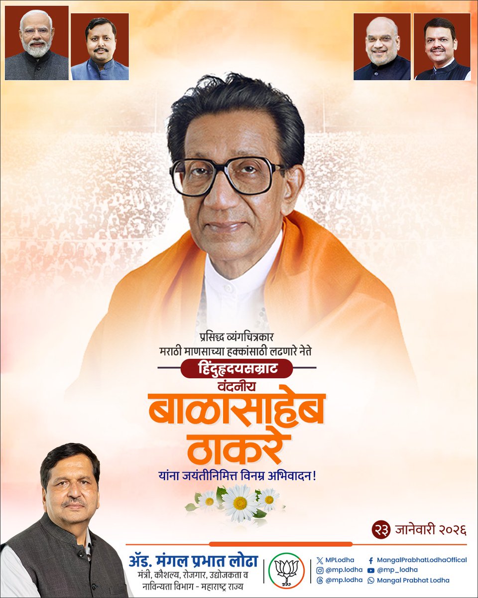 MPLodha's tweet photo. निश्चयी, निर्भीड नेतृत्व आणि हिंदुत्वाच्या विचारांनी कोट्यवधी मनांवर अधिराज्य गाजवणारे, अस्मिता आणि स्वाभिमानाची मशाल पेटवणारे हिंदुहृदयसम्राट बाळासाहेब ठाकरे यांना जयंतीनिमित्त विनम्र अभिवादन.

#BalasahebThackeray #Hinduhrudaysamrat #Maharashtra #MPLodha https://t.co/QyJxzOphAS