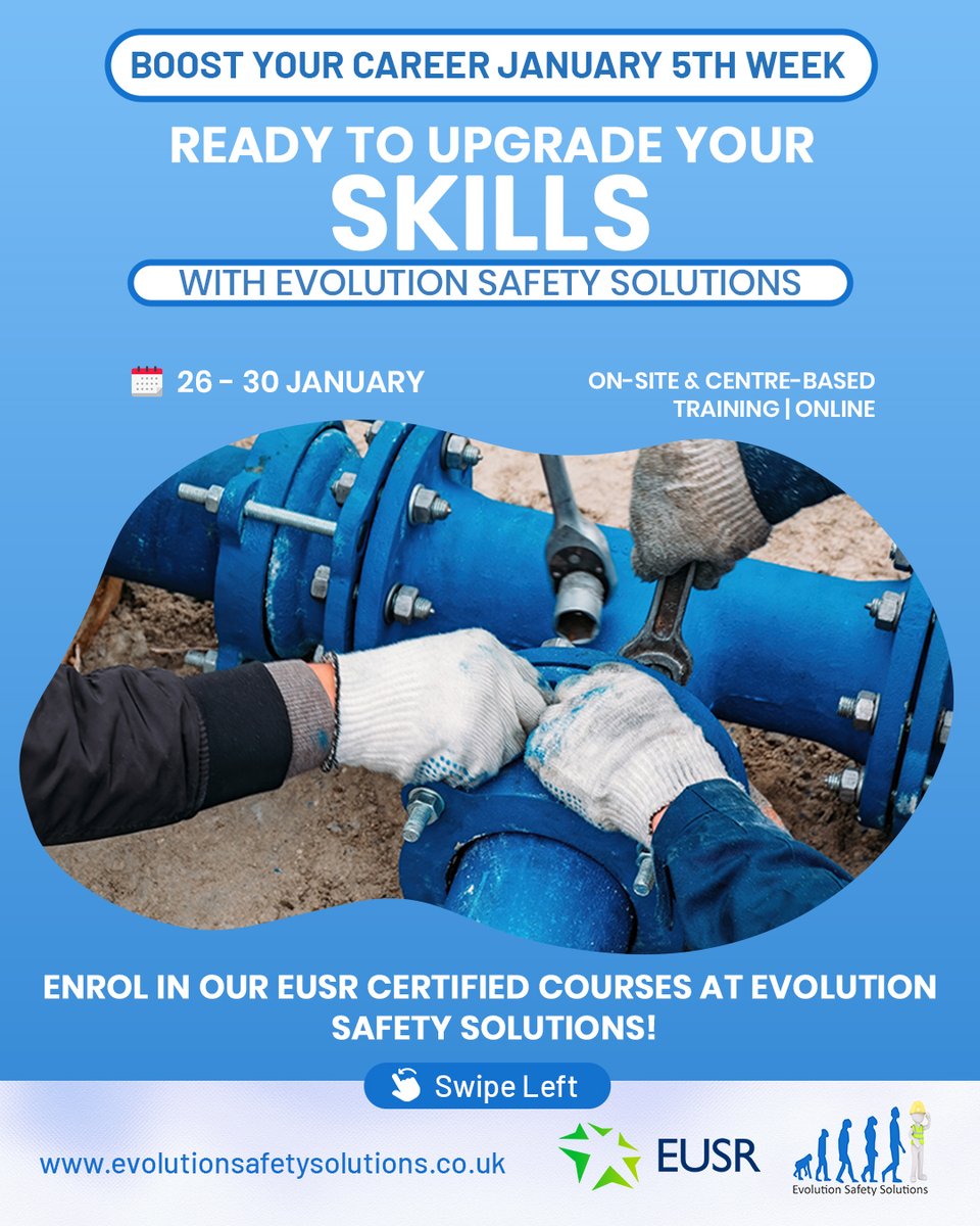 ESafetySolution's tweet photo. January Week 5 Training – Advance Skills. Elevate Safety.
Accredited safety training to build confidence, competence, and safer worksites across UK utilities and construction.
Book now: https://t.co/od6em338hv 
#EUSRTraining #SafetyCourses #SHEAWater #EvolutionSafetySolutions https://t.co/FbtNdWU32F