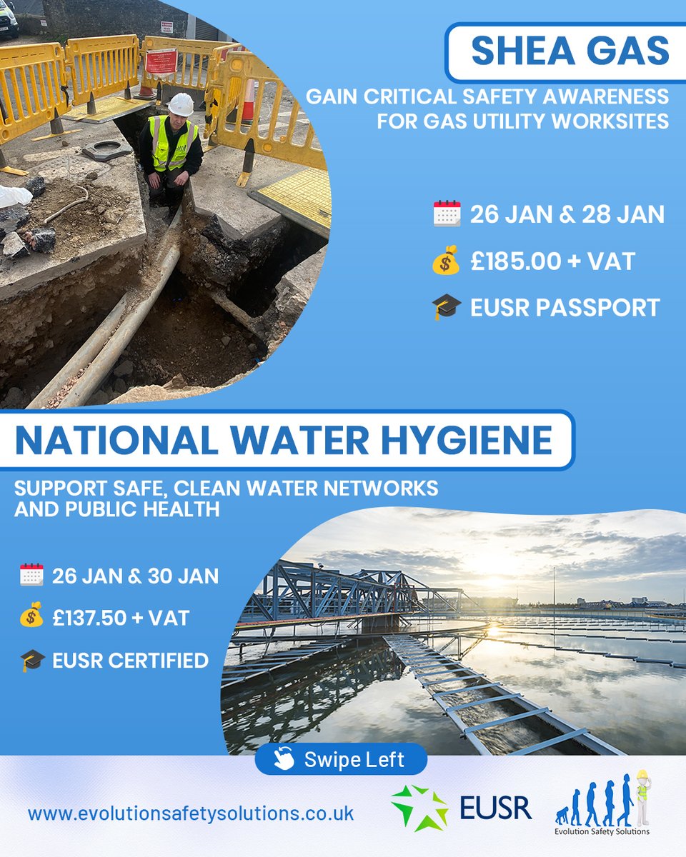 ESafetySolution's tweet photo. January Week 5 Training – Advance Skills. Elevate Safety.
Accredited safety training to build confidence, competence, and safer worksites across UK utilities and construction.
Book now: https://t.co/od6em338hv 
#EUSRTraining #SafetyCourses #SHEAWater #EvolutionSafetySolutions https://t.co/FbtNdWU32F