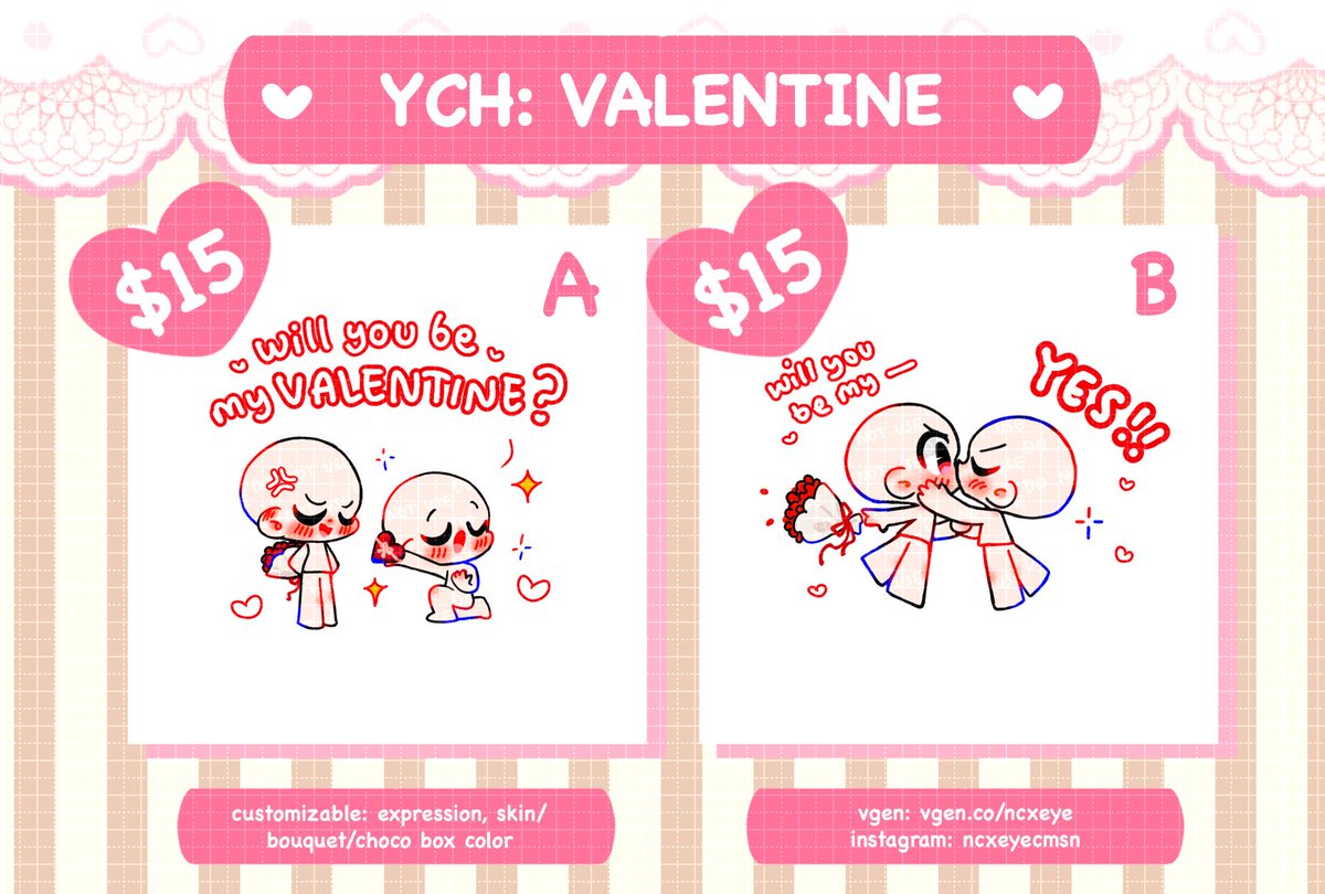 ✨💝 YCH: Be My Valentine ? 🍫✨
‼️ COMMISSION + GIVEAWAY ‼️

❥・ like + rt to join
❥・ rep for extra entry ♡
❥・ ends in 4 days
❥・ samples #vgenopen 🔗⬇️