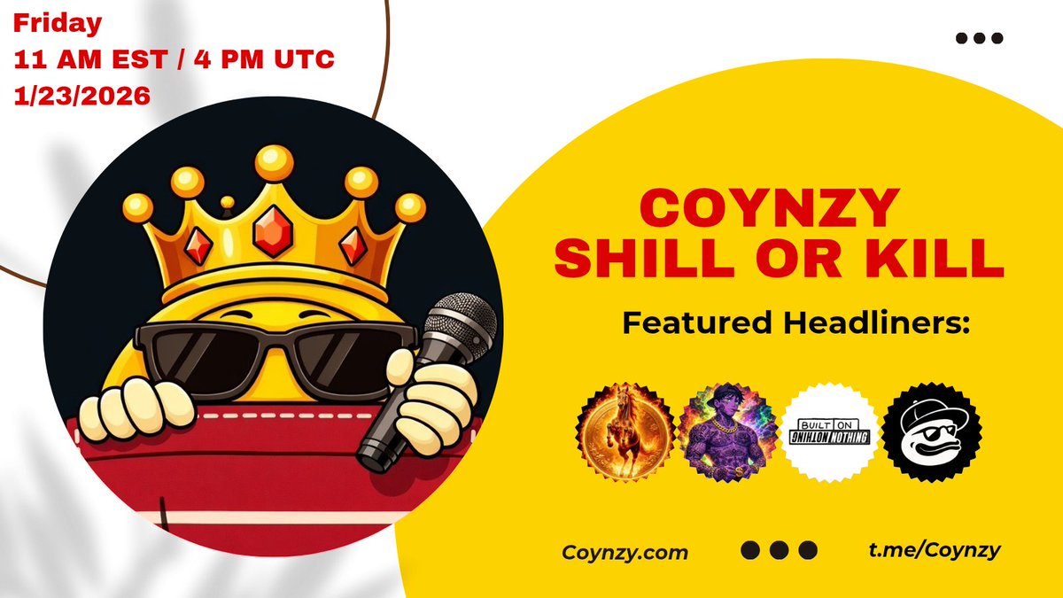 Coynzy's tweet image. Join us for our Friday Coynzy space! 

Live with these awesome guests and more: @bingwusolana @Rave_Gods @BuiltOnNothingX @vibe_trading

Join us for some Shill Or Kill degen fun! 💀

11AM EST / 4PM UTC - Set those reminders below ⏰️
x.com/i/spaces/1nAKE…