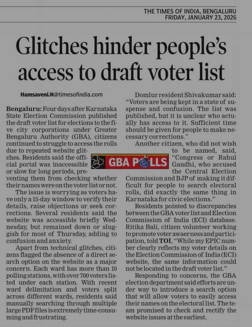 #Bengaluru Finally the much needed search button is available in the GBA's draft voters list. Great relief from searching through huge pdfs
👇
Open the link 
Type your EPIC number
Check for your details 
gba.karnataka.gov.in/electoral2026/