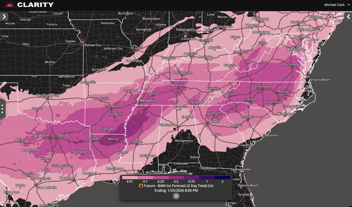 bam_weather's tweet photo. Here is what our latest in-house Clarity forecast has for snow and ice which uses a blend of 60+ weather computers. 

ECMWF starts in about 15 mins. https://t.co/mxRvp0McqF