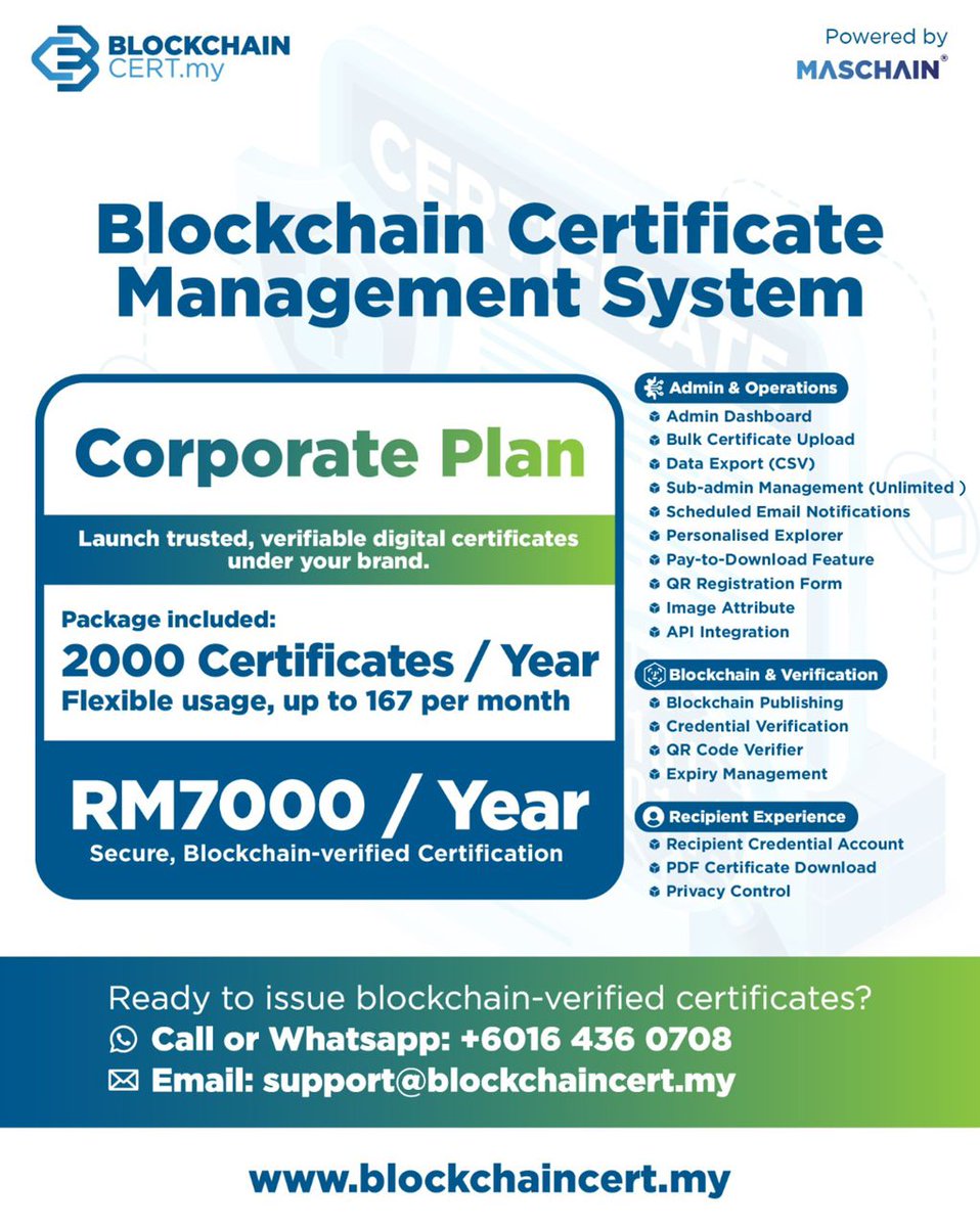 MasverseHub's tweet photo. 💼Most organizations don’t struggle with issuing and verifying certificates.
They struggle with managing them at scale. 📈

📜 https://t.co/DchHaMjxZe is a blockchain-powered certification management system built to reduce manual work, lower verification costs, and protect credibility as your organization grows. 🚀

Choose the plan that fits your stage:
✅ Basic - Start with blockchain-powered certification
⚡ Advance - Scale with more control and capability
🏢 Corporate - Enterprise-grade, high-volume certification infrastructure

👉 View pricing. Streamline certification. Build trust by default. 🛡️✨
🔗https://t.co/fA5Au8jwoT
