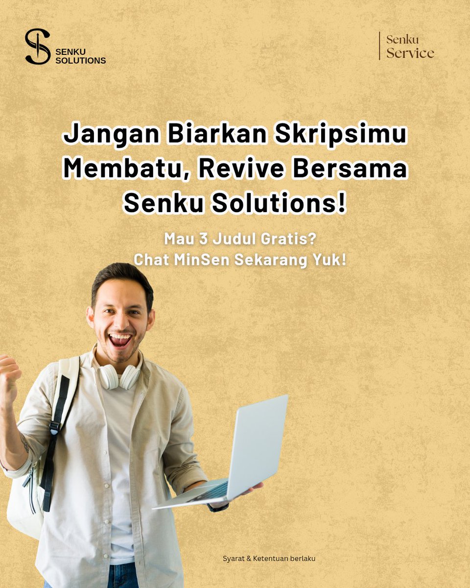 senkusolution's tweet photo. Relate banget nggak sih kalau skripsi udah mulai stuck dan nggak ada progres? Daripada makin pusing, mending revive bareng Senku Solutions.
​Kita kasih kamu 3 Judul Gratis buat pemancing ide biar dosen pembimbing makin bangga! 😎
​📩 Chat MinSen sekarang buat dapetin judulnya!
( https://t.co/q4vkRy4kgh