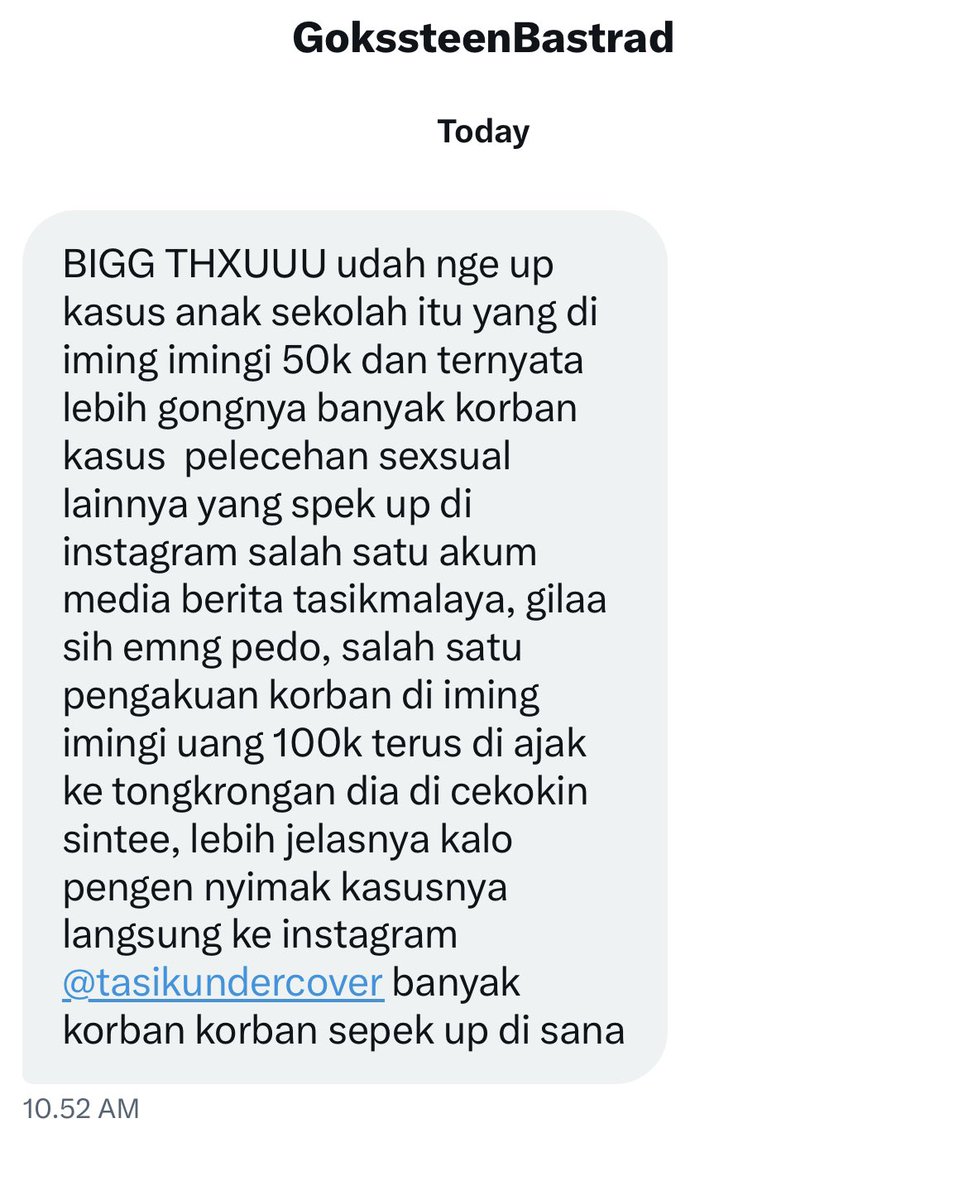Dyanasthasia's tweet image. GUYS, Tolong banget bikin viral post Tasikundercover.

Ternyata korban dari konten kreator P3D0 di ranah kabupaten ini lumayan banyak. Nggak cuma Jihan. PLIS BANGET DIUPDATE DAN DIKAWAL TERUS.