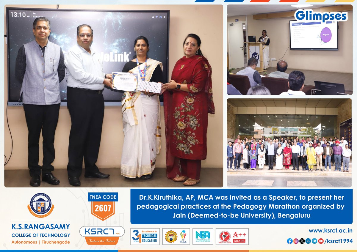 ksrct1994's tweet photo. Dr. K.Kiruthika, AP, MCA, KSRCT was invited as a Speaker at the Pedagogy Marathon organized by Jain (Deemed-to-be University), Bengaluru.

#ksrct1994 #ksr #ksrei #InvitedSpeaker #PedagogyMarathon #TeachingExcellence #InnovativePedagogy
#FacultyAchievement #AcademicLeadership #MCA https://t.co/O3RJk8kTYJ