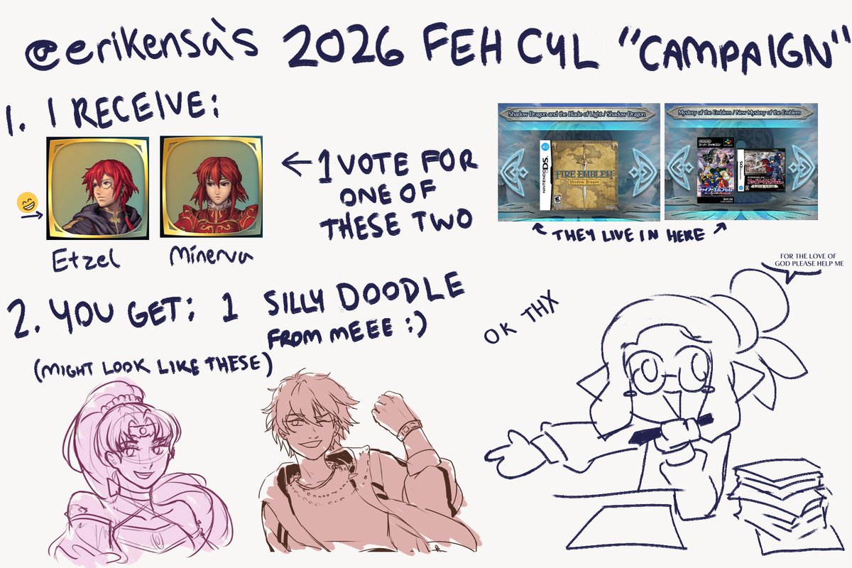 erikensa's tweet photo. hi this is how im gonna help promote Etzel and Minerva this FEH CYL. Reply or DM with a screenshot of your ballot and i will draw 1 character you want. 1 drawing per person please :) #FEChoose2026 #SupportingEtzel #SupportingMinerva https://t.co/PZYoINg2Pt