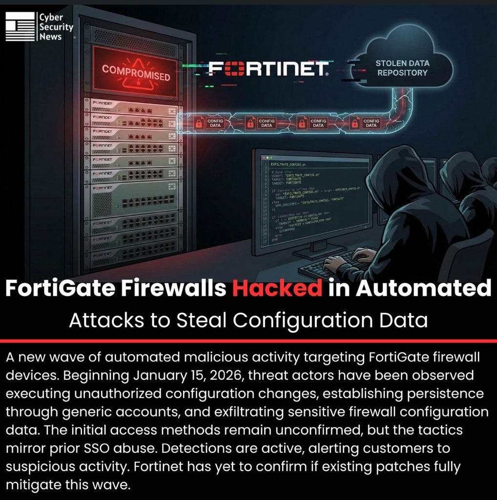 orcastack's tweet photo. New Automated Attacks Targeting FortiGate Firewalls ⚠️
Since January 15, 2026, a fresh wave of automated malicious activity has been observed targeting FortiGate devices.
#CyberSecurity #Fortinet #CVE2025 #FirewallSecurity #ThreatIntelligence #SSO #InfoSec #NetworkSecurity https://t.co/h1aUHPAP9C