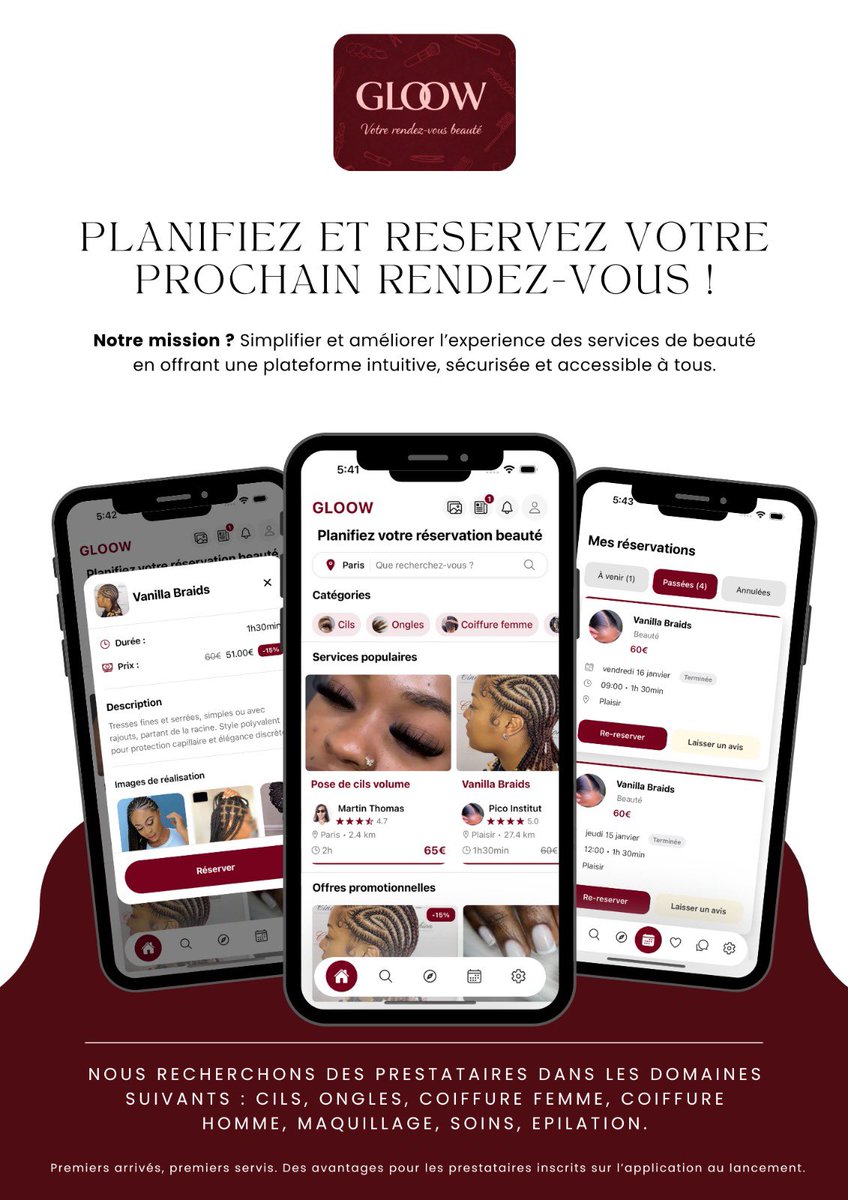 sylvain__237's tweet photo. GLOOW est une application de mise en relation qui améliore la façon de réserver des services de beauté. Que vous soyez à la recherche d'un professionnel pour une pose de cils, une manucure, des tresses, etc... GLOOW mets en relation les meilleurs prestataires près de chez vous. https://t.co/kBgv3hgxgu