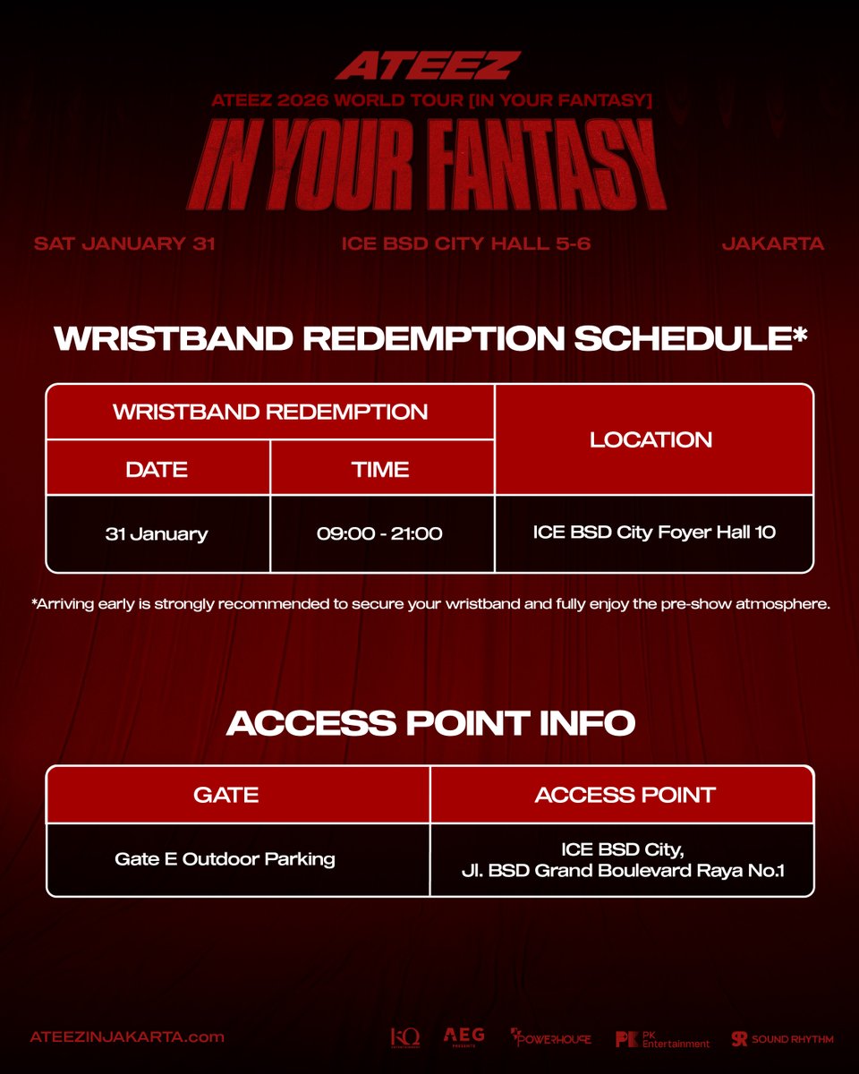 PKEnt_ID's tweet image. ATINY, check out this wristband redemption info before heading to the concert ✨📌

📅 Saturday, January 31 2026 from 9 AM - 9 PM (Jakarta Time)
📍 ICE BSD City, Foyer Hall 10

‼️Arriving early is strongly recommended to secure your wristband and fully enjoy the pre-show…