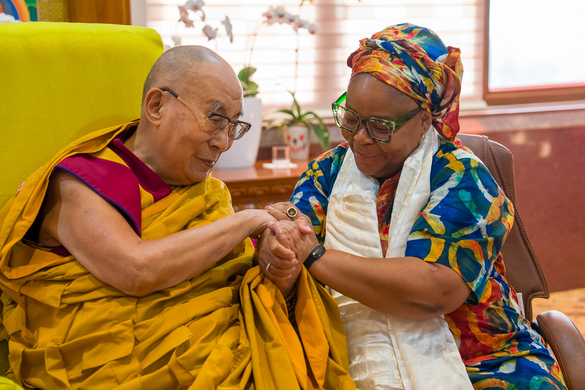 DalaiLama's tweet image. His  Holiness the Dalai Lama meeting with Nobel Peace Laureate Leymah Gbowee  of Liberia, 2011 Nobel Peace Prize Recipient recognized for her  non-violent struggle for the safety of women and for women's rights to  full participation in peace-building, at his residence at Drepung…