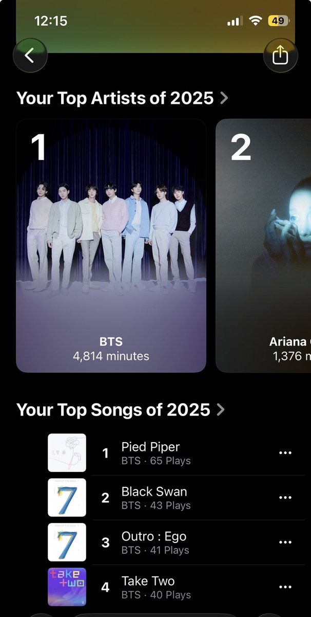 ehhhmely's tweet image. Hiii I don’t have Spotify anymore but this was my Apple Music wrap if it counts. I tried pre sale for both days at MetLife but didn’t win the war 😭✊ I would only need one ticket if it’s still available 💜💜